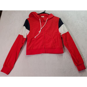 John Galt Windbreaker Jacket Womens One Size Red Crop Hooded Full Zip Drawstring